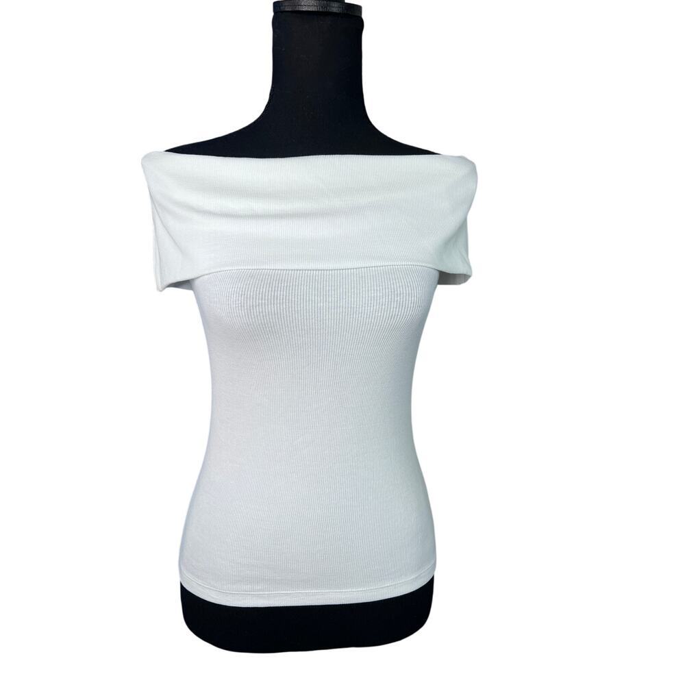 LOFT Off Shoulder Ribbed Top Women S White Fold Over Neck Stretch Fitted Blouse